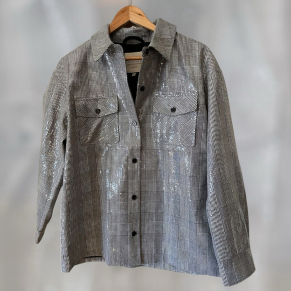 Bagatelle Sequin Plaid Shacket Jacket  Medium Gray Long Sleeve Button Down NWT - Picture 1 of 5